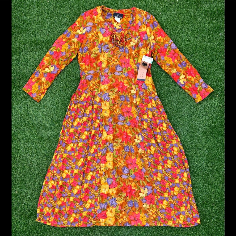 Vintage 90’s CAROLE LITTLE Floral Dress Size 14 Padded Shoulders NEW Retail $178